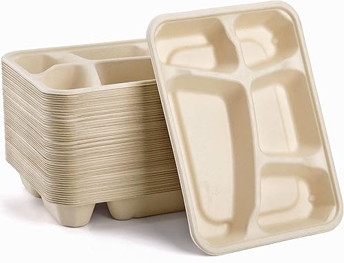 Miniatura 2 de Elsjoy Paquete de 50 platos desechables de 5 compartimentos, bandeja de almuerzo escolar compostable de 11 x 8 pulgadas, platos de papel divididos,