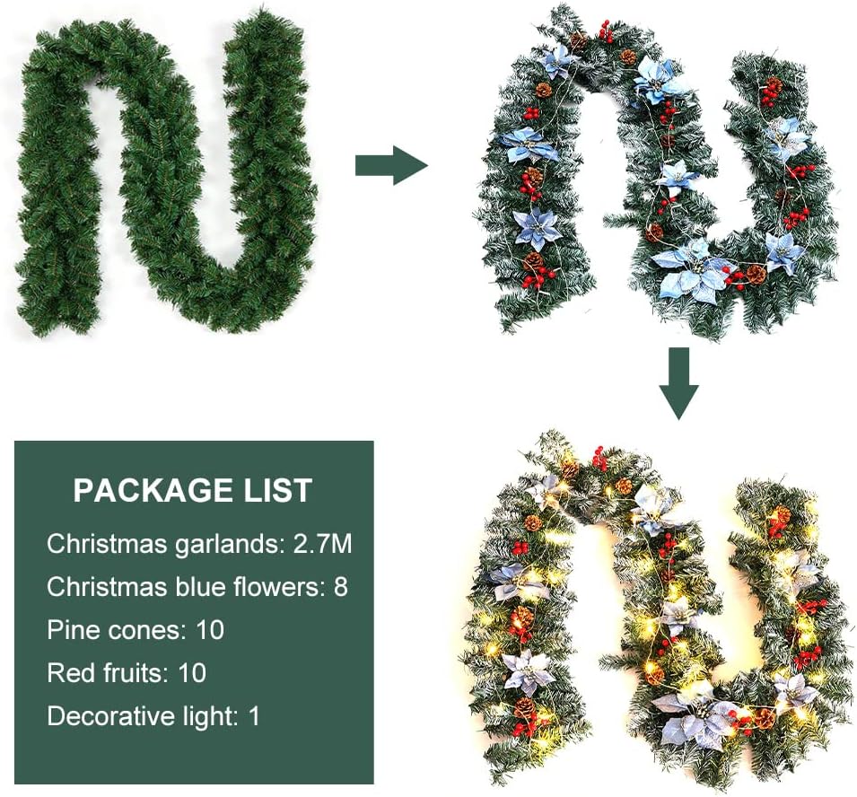 Image showing the garland in its initial coiled state, then partially decorated, and finally fully decorated with lights. A package list is shown on the left.