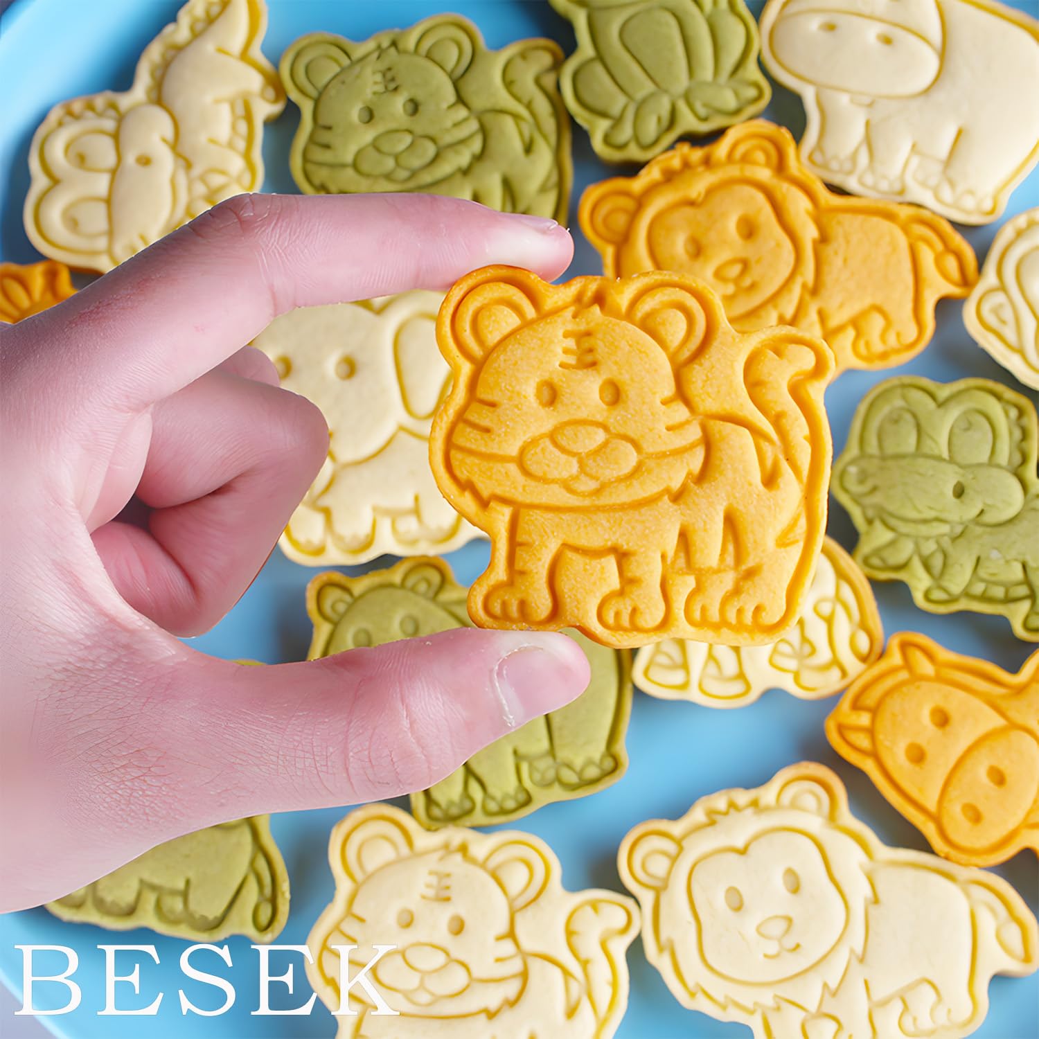 BESEK Cortadores de galletas de animales: con juego de sellos de émbolo, 8 cortadores de Navidad 3D para hornear galletas, fondant, queso
