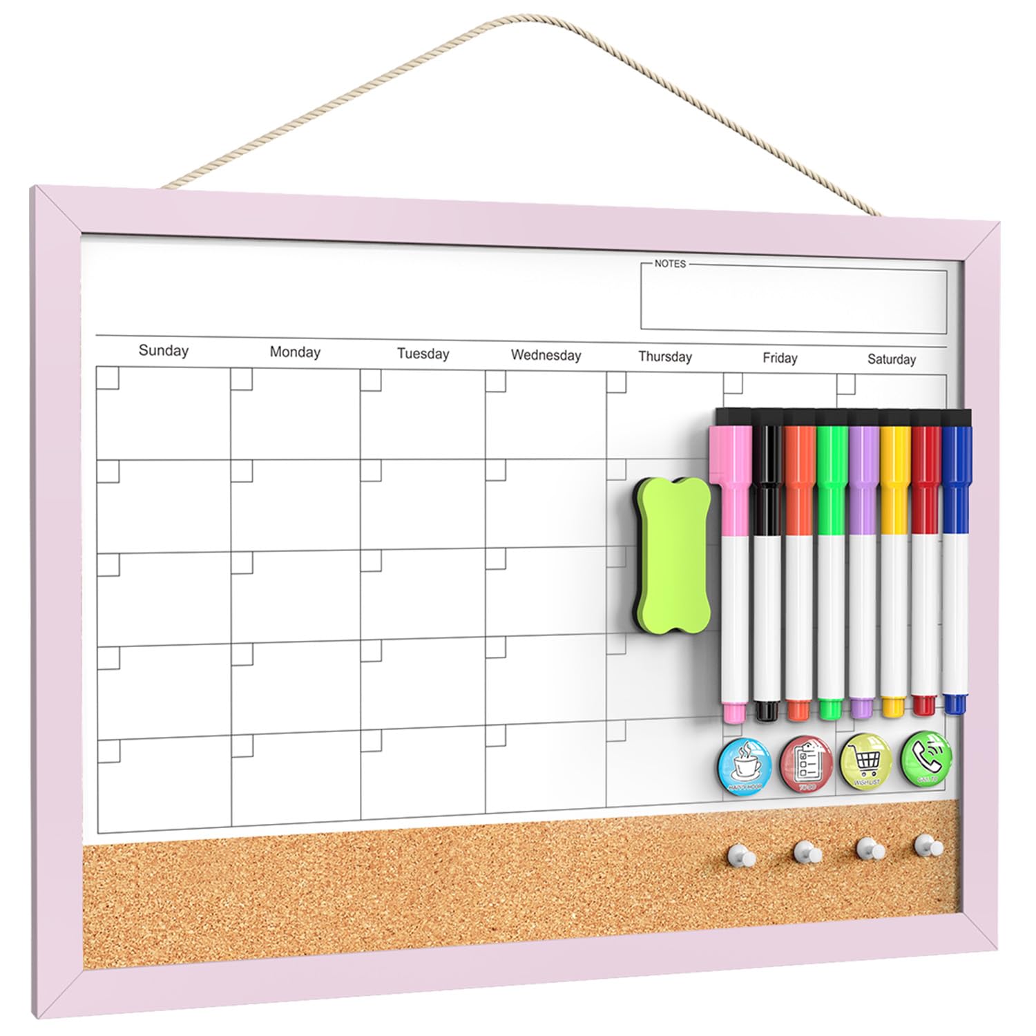 Dry Erase Calendar Cork Board Combo, 17x13 Inches Calendar Whiteboard for Wall, Small Magnetic White Board with Pink Wood Framed, Dry Erase Board for