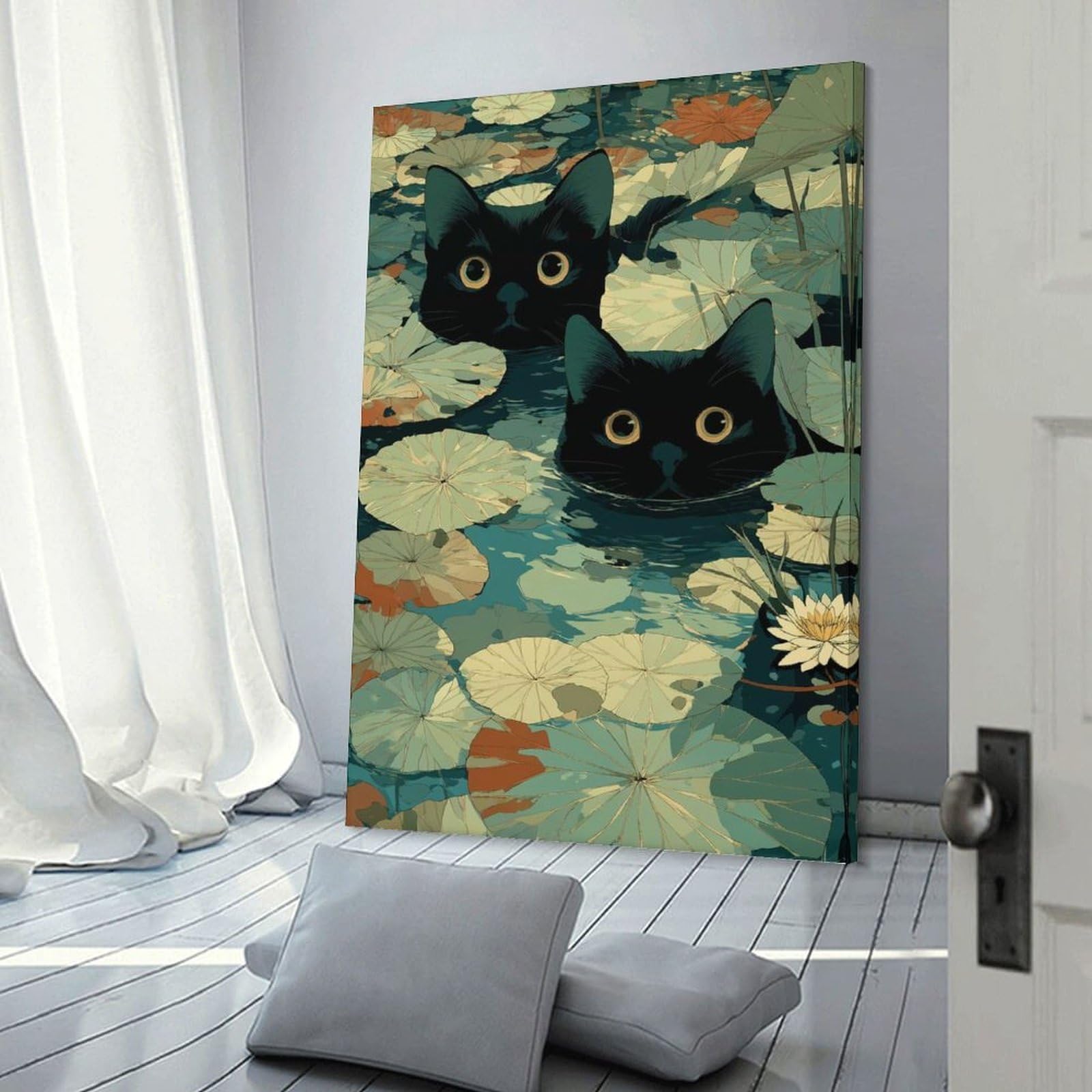 Junmoney Cats in A Lily Pond Canvas Wall Art, 24x36inch(60x90cm), for Bedroom Decor, Cosy Corners Or Studios, Stylish Decor for A Restful Room Update
