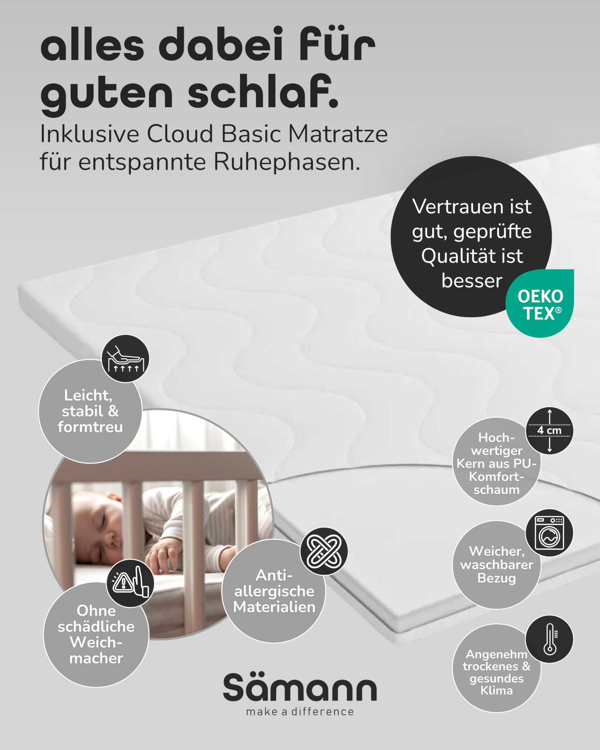 Sämann Laufstall Baby XXL 120x120 cm mit Matratze und Schlupfsprossen | TÜV geprüft | stufenlos höhenverstellbar | Laufgitter Premium | Babybett aus Holz | Krabbelgitter sahara dust/natur