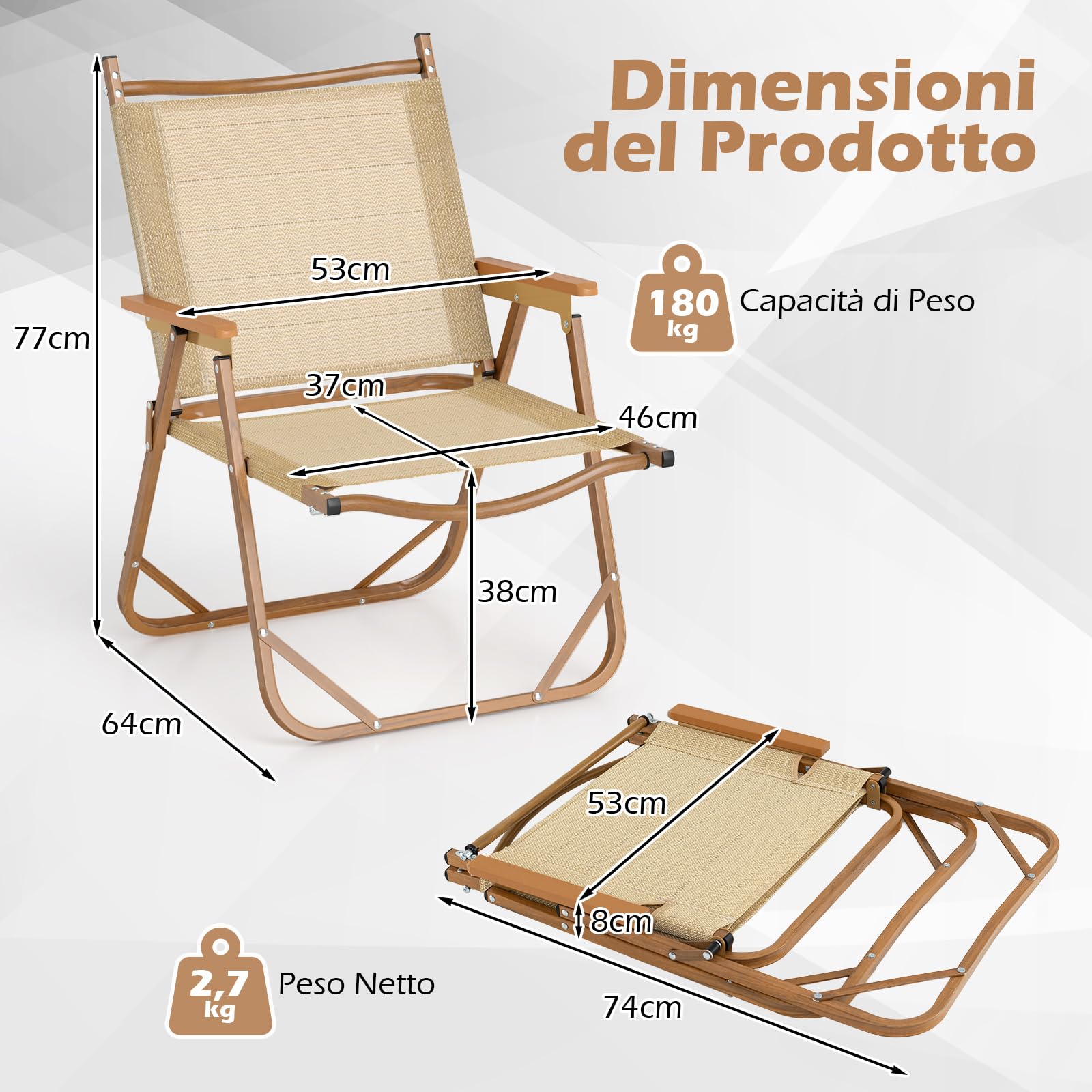 COSTWAY Set di 2 Sedie da Campeggio Pieghevoli, Sedie da Spiaggia Leggere con Telaio in Alluminio, Sedie da Giardino Portatili con Braccioli per Esterni, Portata 180 kg