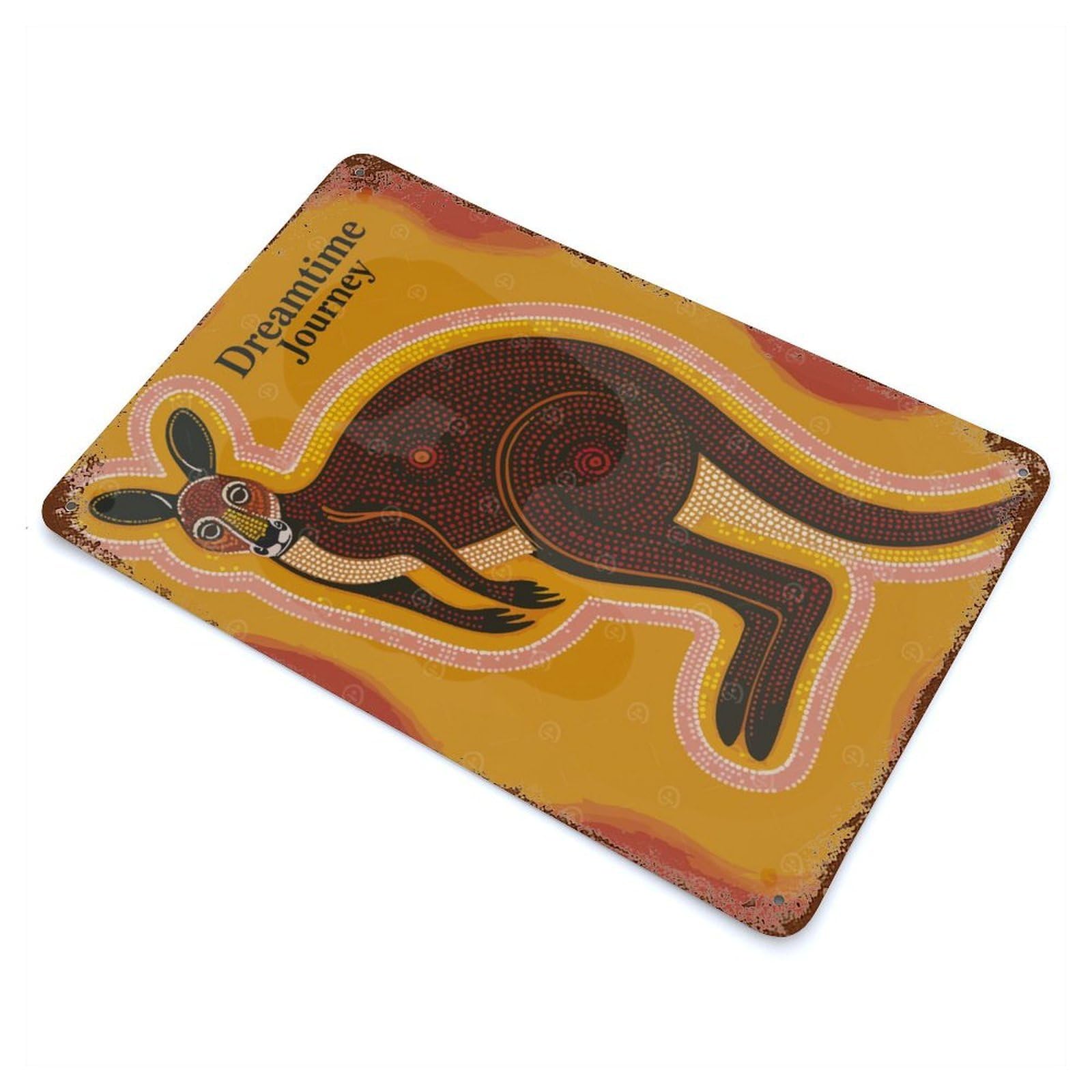 Aged Metal Wall Plaque with Dreamtime Journey Kangaroo Art Design 11.8"x7.9", for Basement, Hobby Room And Garage Decor, Farmhouse Wall Decor