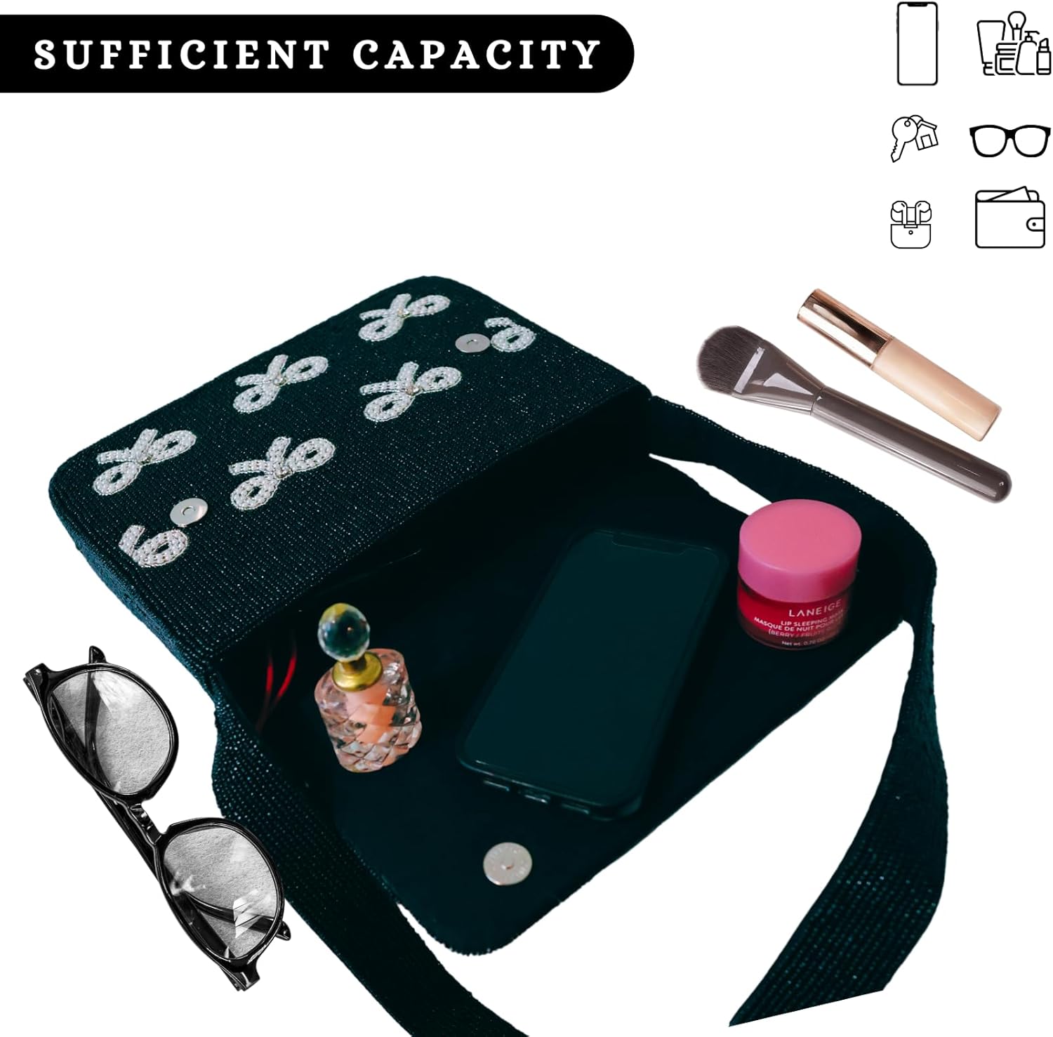 Elegant Black Beaded Shoulder Bag with Bow Accents, Chic Formal & Casual Occasions, Lightweight & Durable (Bow Elegance) - Image 7