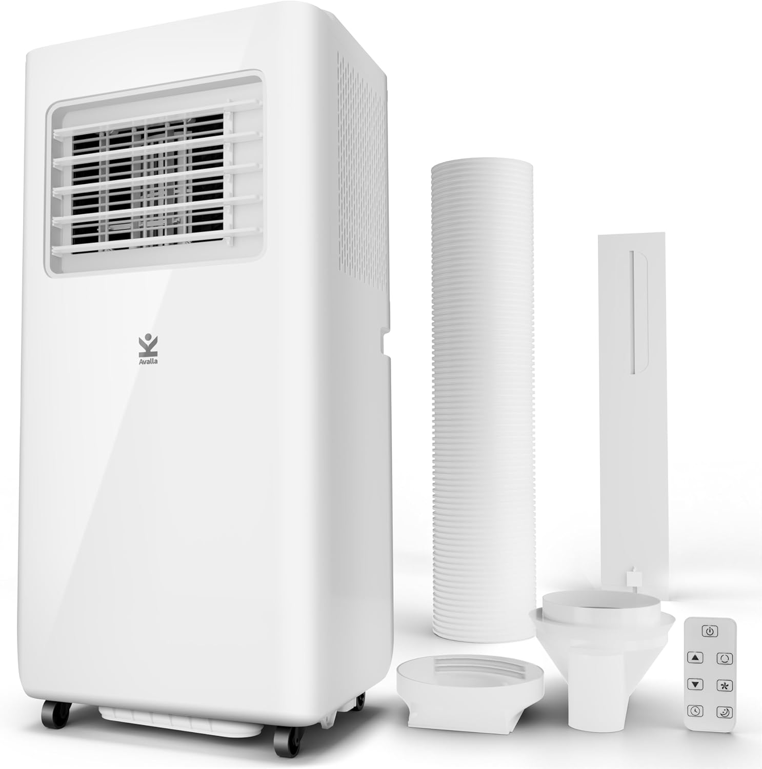 Avalla S-360 portable air conditioner unit with its included accessories: exhaust hose, window bracket, and remote control.