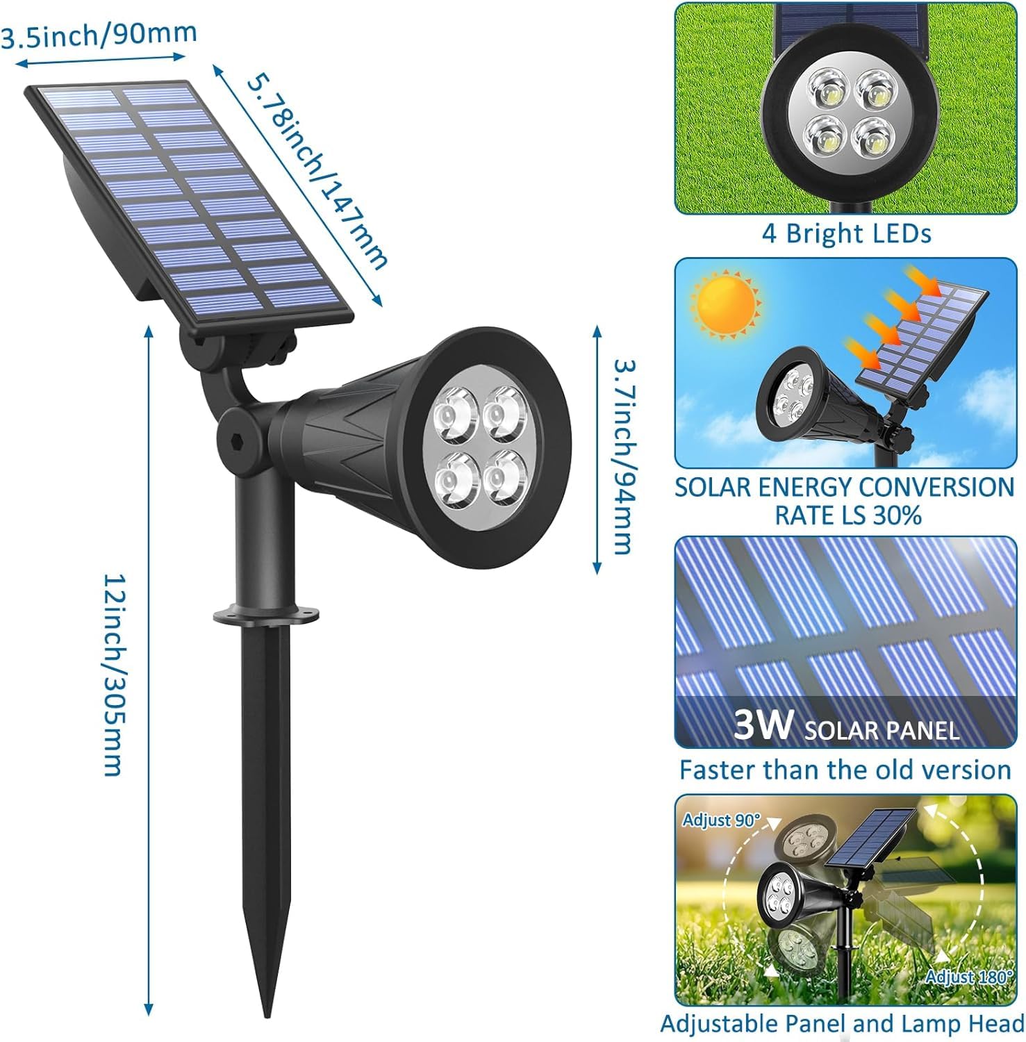 T-SUNUS Luci Solari Esterno Giardino, 4 LED Faretti Solari da Esterno Lampada Solare Giardino IP65 Impermeabile Faretti Solari a LED Esterno Decorative per Piscina Vialetto Patio Alberi 4 Pezzi Verde