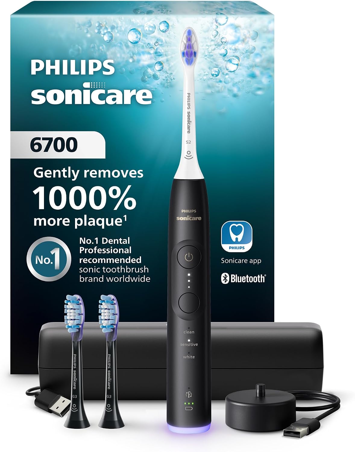 Philips Sonicare 6700 Rechargeable Electric Toothbrush, 3 Brush Head, Black | 1000% More Plaque Removal¹, Visual Pressure Sensor, 9 Brush Settings, App Connected, 21-Day Battery, Travel Case, HX7411/06