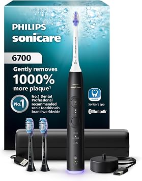 Philips Sonicare 6700 Series Electric Toothbrush - Next-Generation Sonicare Technology, Pressure Sensor, 9 Brushing Settings, SmarTimer, BrushPacer, 21-Day Runtime, Travel Case, Black, HX7411/06