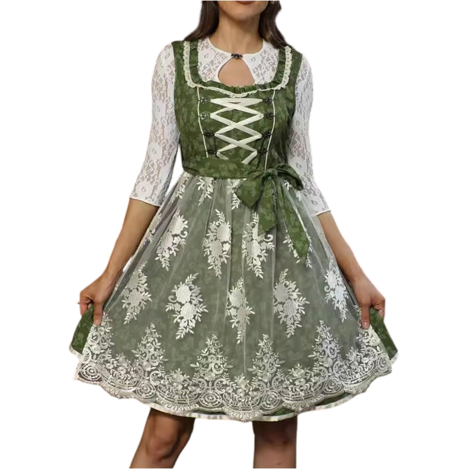 Dirndl Damen Midi Dirndl Schürze Dirndlkleid Trachten Oktoberfest Outfit 2 Teilig Eckigem Ausschnitt Blumenmuster Trachtenkleid Trachtenrock Trachtenmode Bayerischer Dirndlkleid Wiesn Outfit