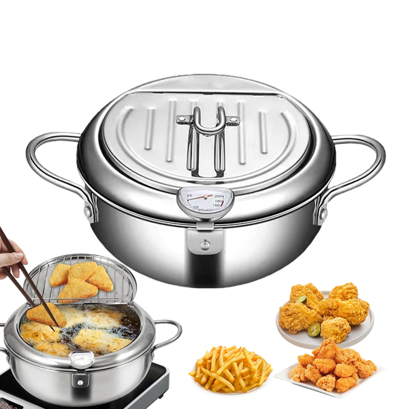 Padella per patatine fritte con cestino e coperchio, in acciaio | grande friggitrice da 20 x 24 x 28 cm, ideale per friggere con regolazione della temperatura, argento