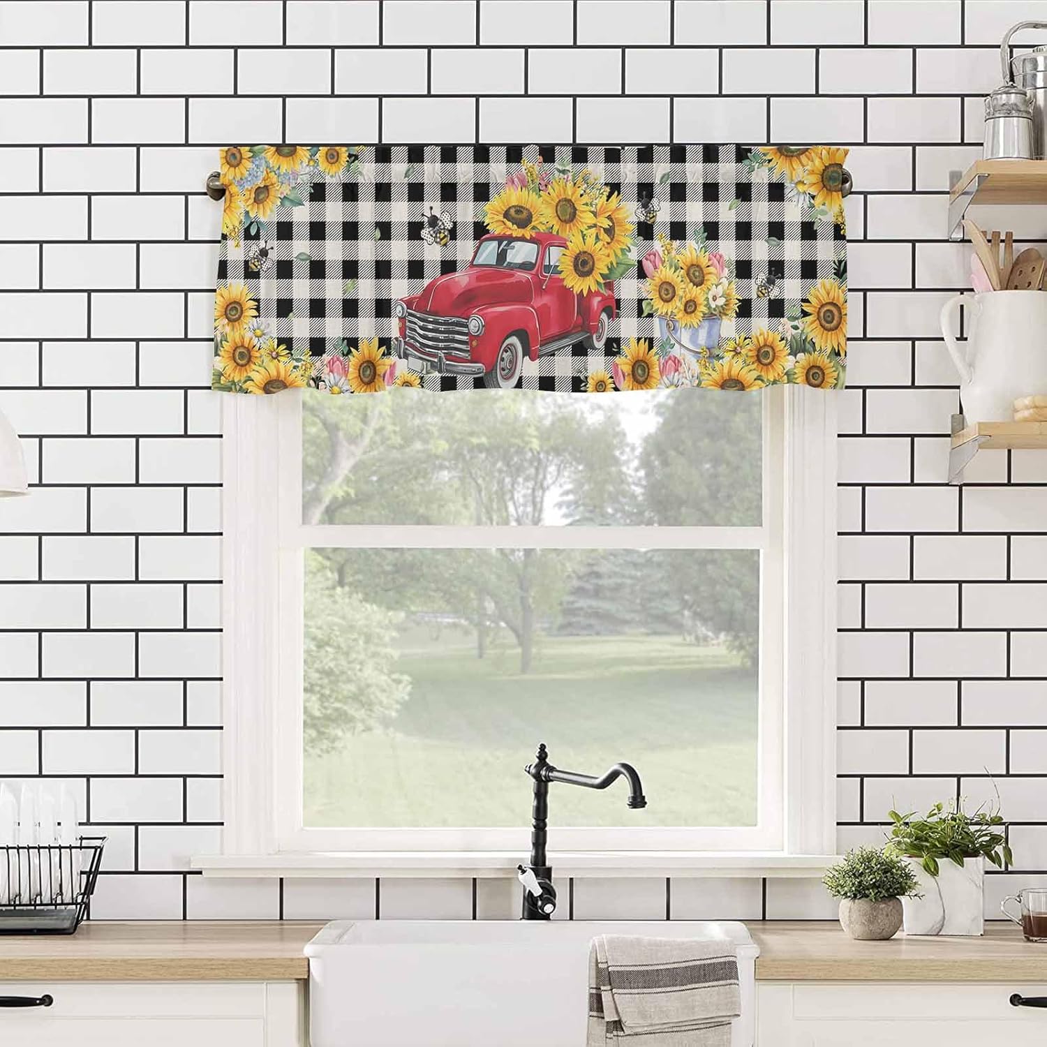 T&H XHome Window Treatment Valances Red Truck with Sunflowers Vintage Rustic Black Plaid Design Rod Pocket Curtain Valance for Kitchen, Bathroom, Living Room, Bedroom 54" W x 18" L