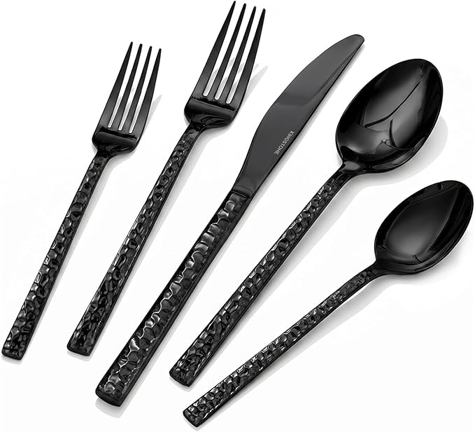 20 Piece Black Silverware Set, Hammered Silverware Set for 4, 18/10 Stainless Steel Flatware Includes Fork Spoon Knife,Cutlery Utensil Set for Party,Wedding, Mirror Polished Dishwasher Safe