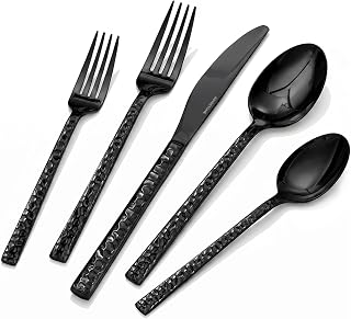 20 Piece Black Silverware Set,18/10 Stainless Steel Hammered Flatware for 4 | KINGSTONE Flatware set Includes Fork Spoon Knives, Cutlery Utensil Set for Party,Wedding, Mirror Polished Dishwasher Safe