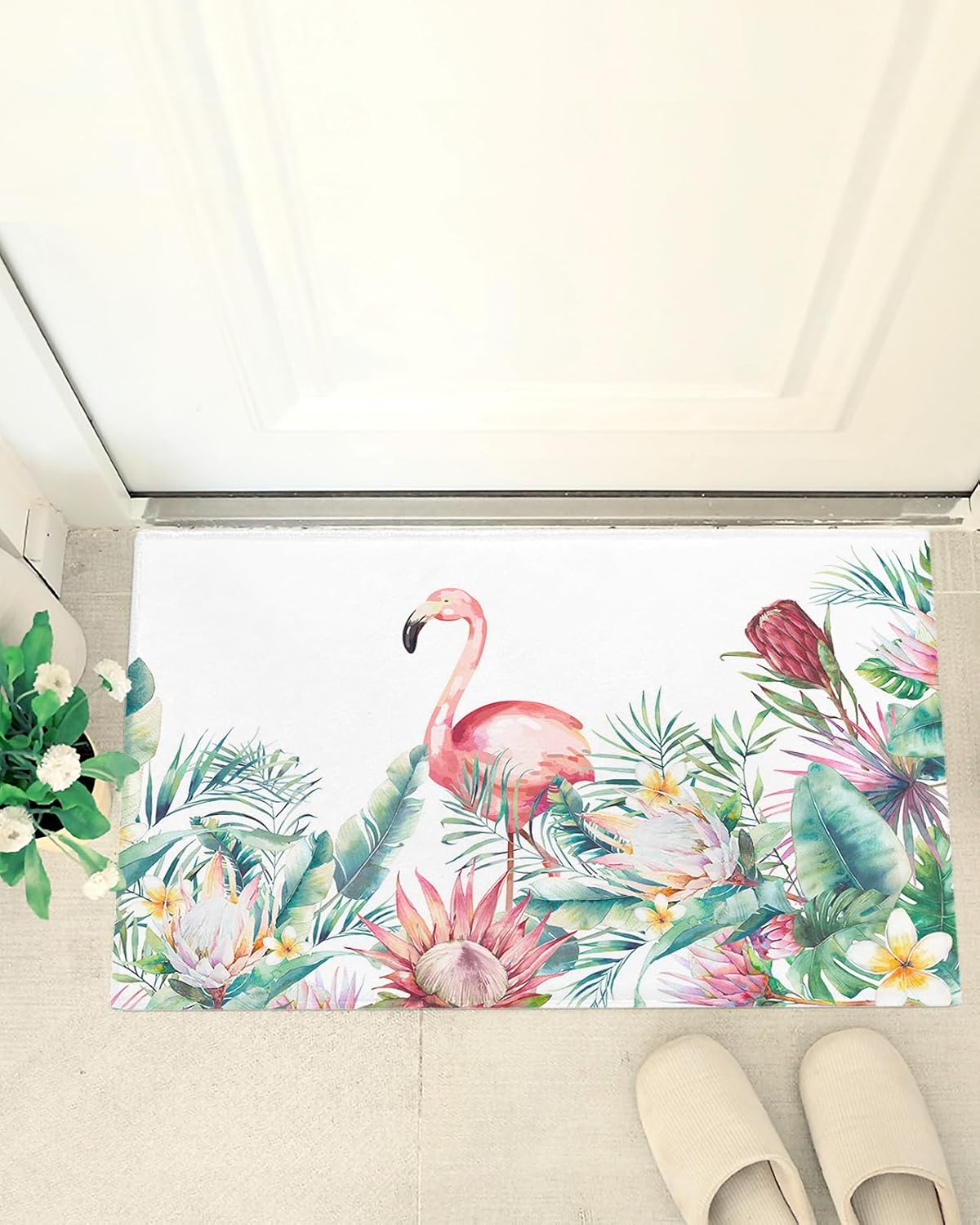 Summer Flamingo Tropical Plant Plush Shag Bath Rugs Green Leaves Flower Soft Fluffy Floor Doormat Carpet,Non-Slip Door Mats for Living Room Bedroom Kitchen Entryway Watercolor Plant