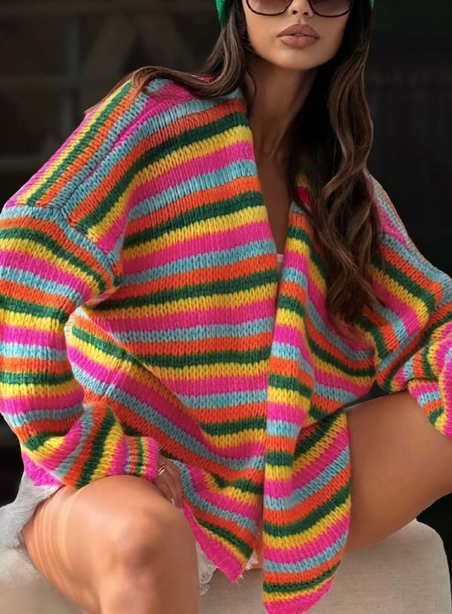 chouyatou Women's 2025 Fall Contrast Color Striped Cardigan Sweater Open Front Chunky Knit Cardigan Jacket - Image 3