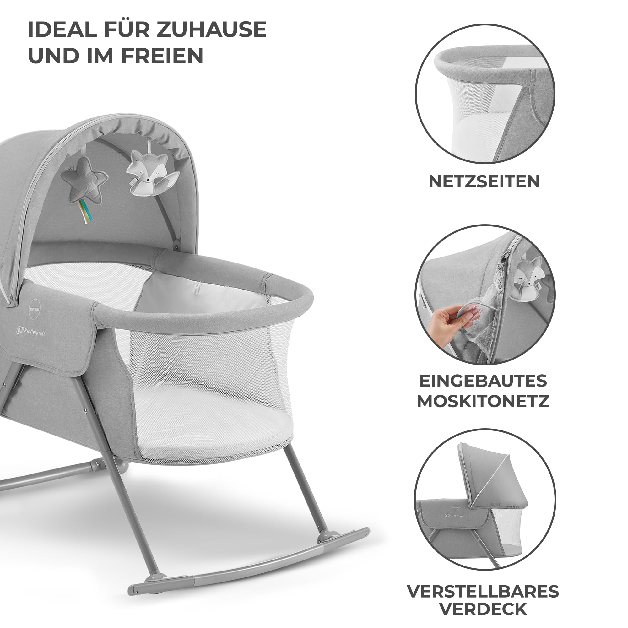 kk Kinderkraft Kinderkraft Kinderbett 3 in 1 lOVI, Kinderreisebett, Stubenwagen, Babywiege, Baby Wippe, Zusammenklappbar, Einfach Transport, mit Zubehör, Tasche, Moskitonetz,von Geburt bis 9 kg, Grau