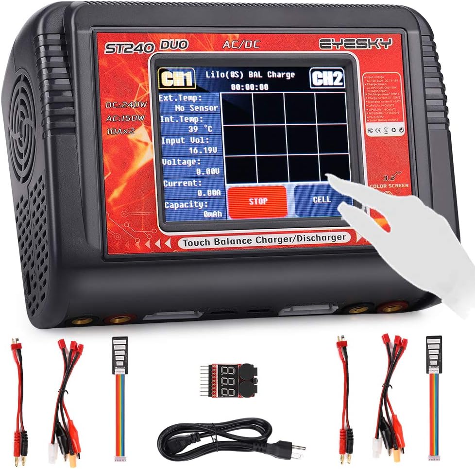 LiPo Charger Dual RC Battery Balance Charger Touch Screen Discharger Duo AC150w DC240W 10A ST240 for 1-6S Li-ion Life NiCd NiMH LiHV PB Smart Battery
