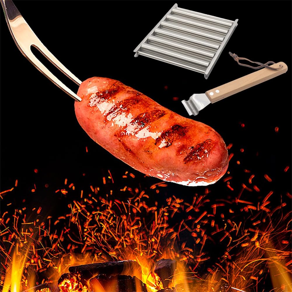 Hot Dog Roller for Grill, Stainless Steel Hot Dog Roller, Outdoor Camping BBQ Griller Roller, Evenly Cooked Hot Dogs, with 4pcs Fork for Family Gatherings, Barbecue Parties (2L+8Fork)
