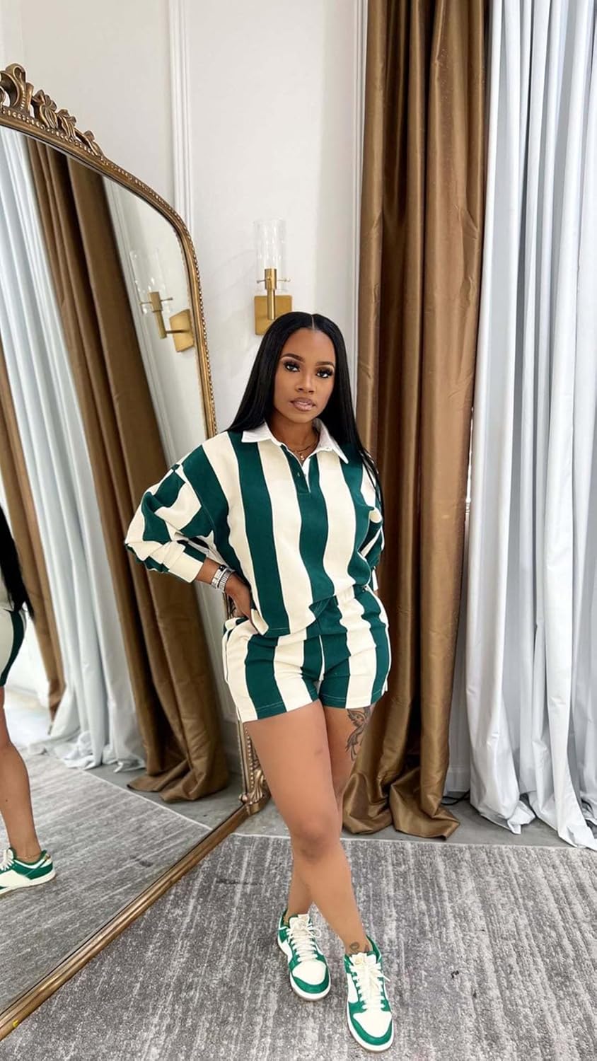 Wuitrie Women 2 Piece Casual Color Matching Stripe Outfits Long Sleeves Pullover Top Elastic Shorts Daily Sports Set - Image 2