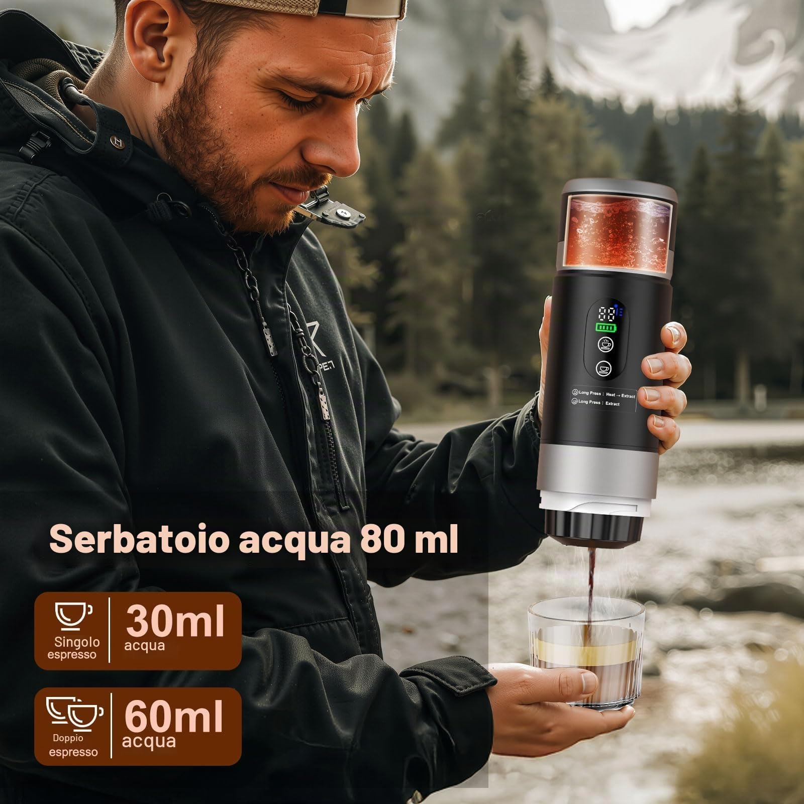 Macchina da Caffè Espresso Elettrica Portatile, Caffettiera Portatile 3-in-1 con batteria 2 x 7500 mAh, 20 Bar, con USB-C, Compatibile con Piccole Capsule, Grandi Capsule, Caffe Macinato