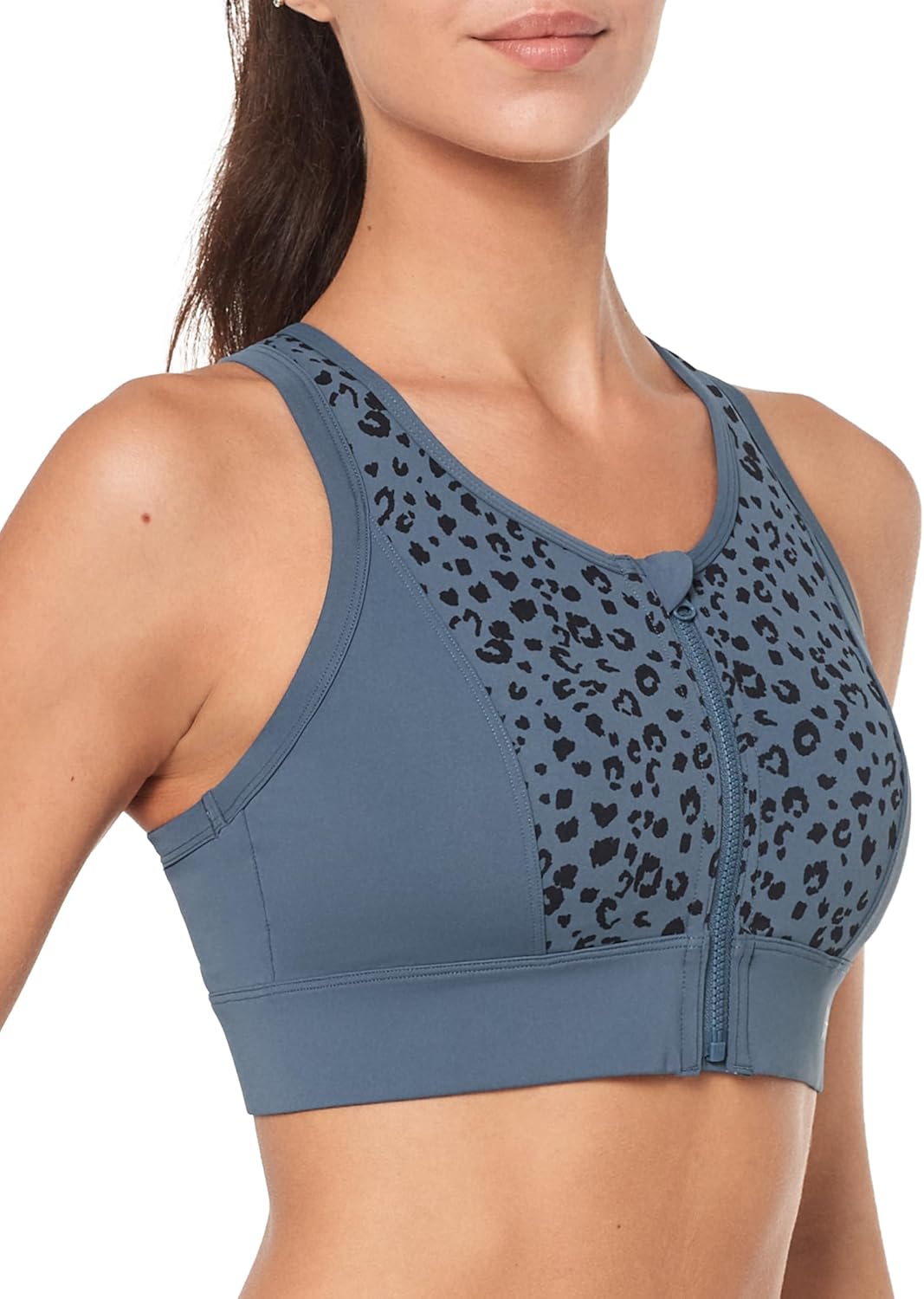 Yvette Women's Sports Bras High Impact Leopard Print Zip Front Racerback High Support Workout Bras for Large Busts Running