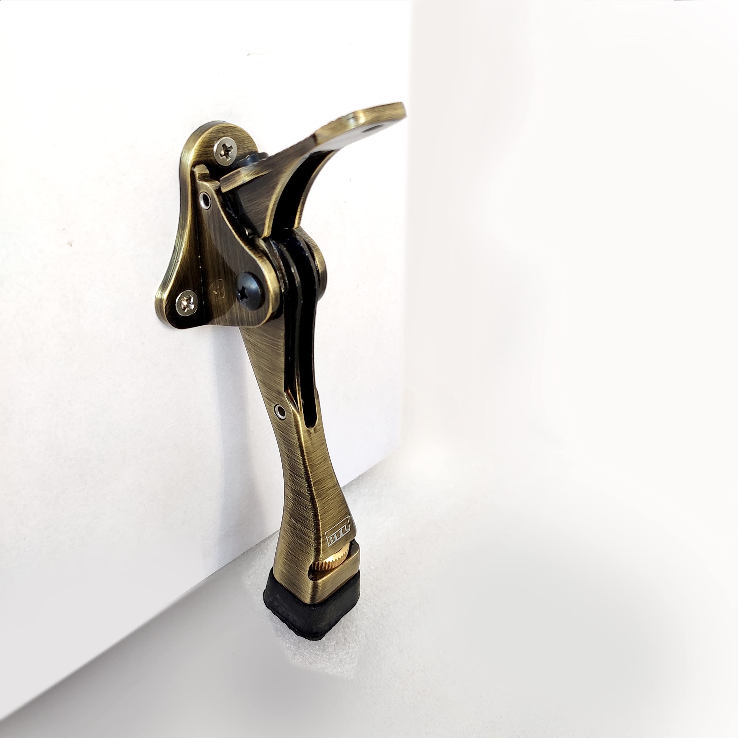 BTL Kickdown Door Stopper with Spring Mechanism for Hold Down and Easy Release Mechanism. Height Adjustable. Square Ribbed Rubber Foot - Antique Brass Finish (BDF-DS2-SQ-AB)