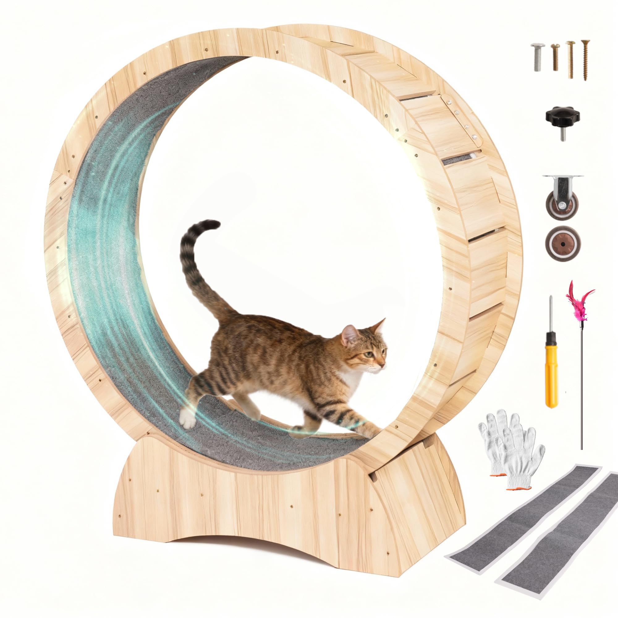 110cm/43.3" Cat Wheel for Indoor Cats, Quiet Large Cat Running Exercise Wheel with Safety Lock & 2 Detachable Carpeted Runways, Up to 25 lbs Capacity, Suitable for Most Cats Daily Fitness