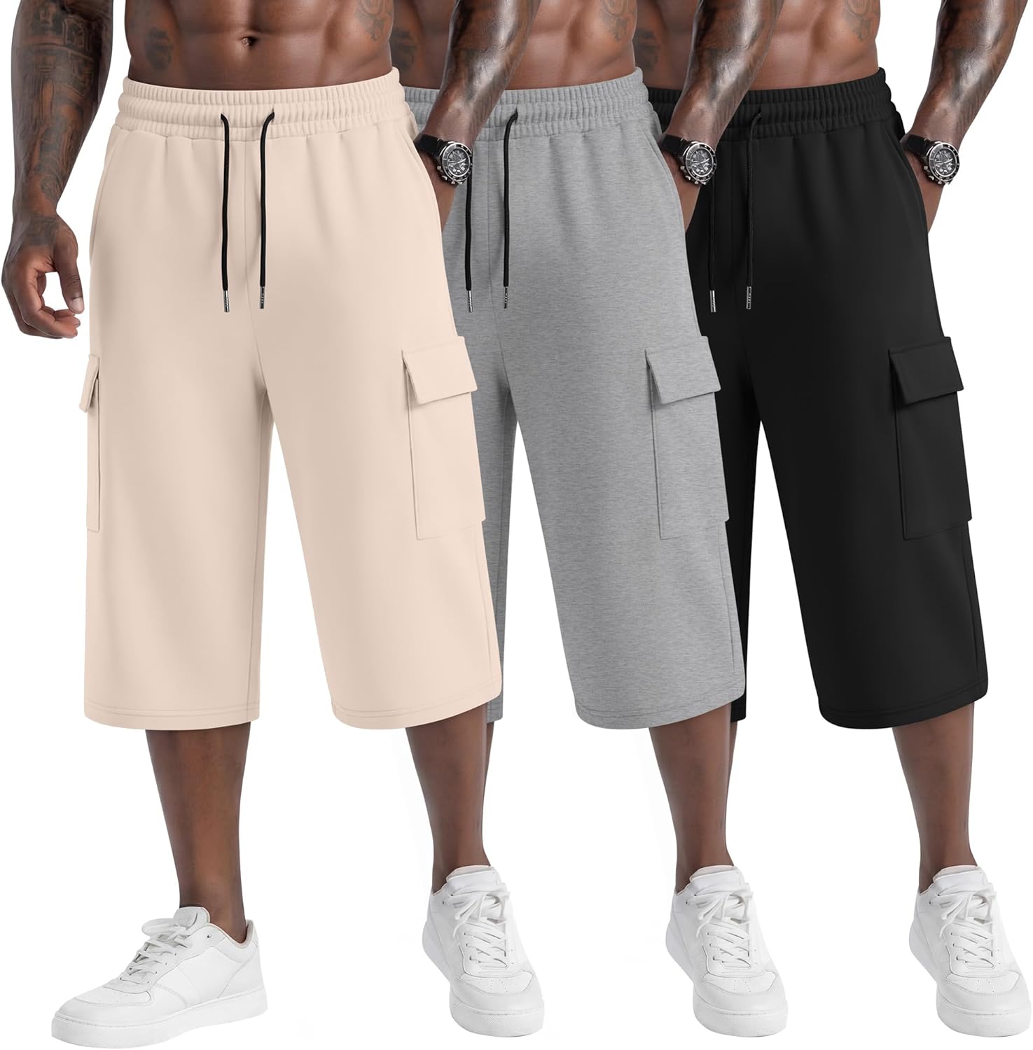 Neer 3 Pack Men's Capri Cargo Pants Big and Tall Baggy 3/4 Shorts Drawstring Below Knee Pants Summer Casual with Pockets