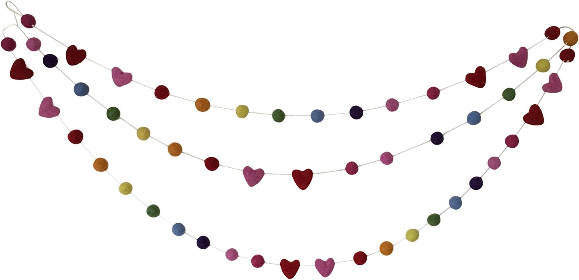 Rainbow Garland - Pom Pom - Pink Hearts - Girl's Room Decor - Felt Ball - Handmade - Natural