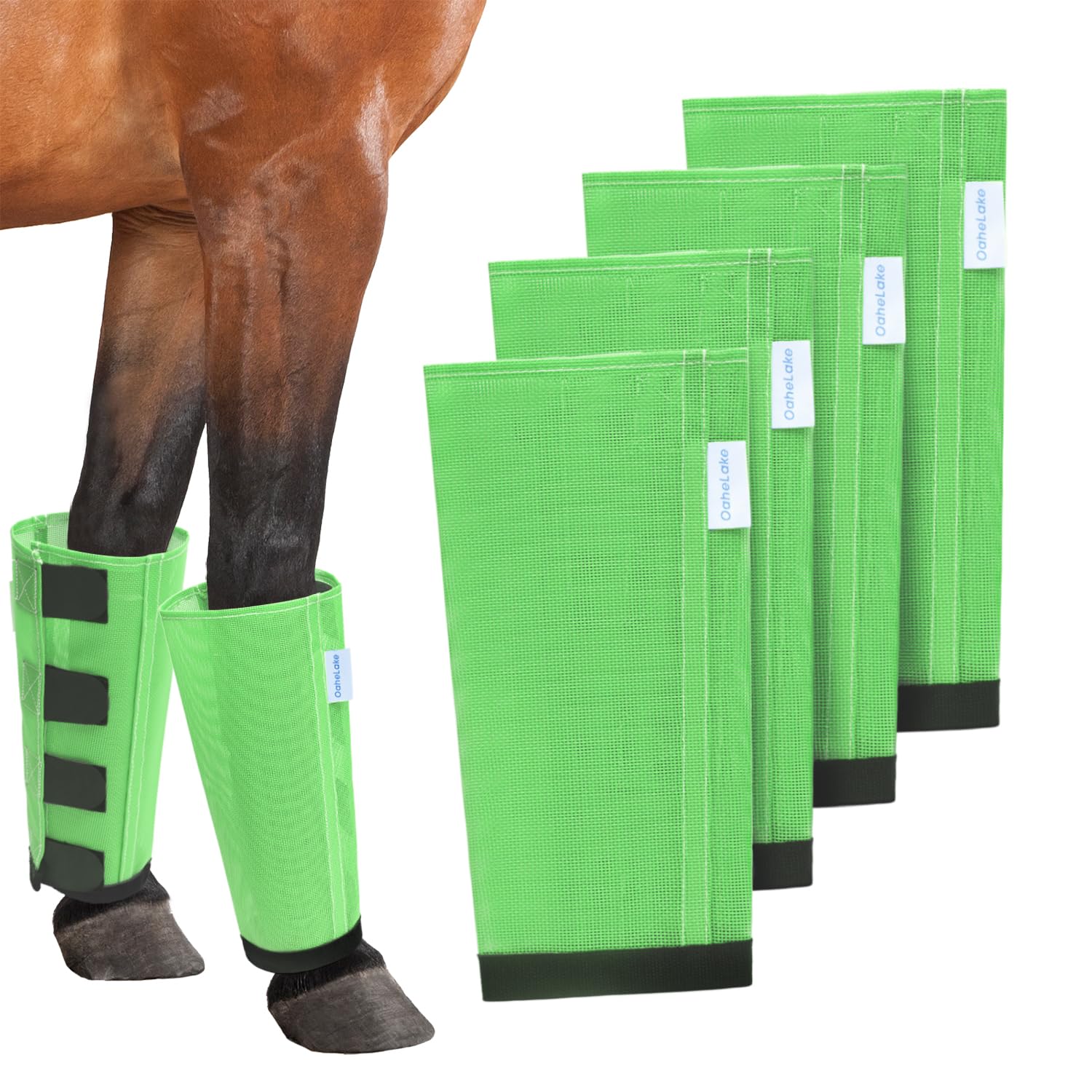 Mesh Horse Fly Boots Set of 4, Loose Fitting Leggings for Horses, Reduce Stressful Stomping, Breathable Adjustable and Universal Fit for 4 Legs, Reliable Stay Put (Green)