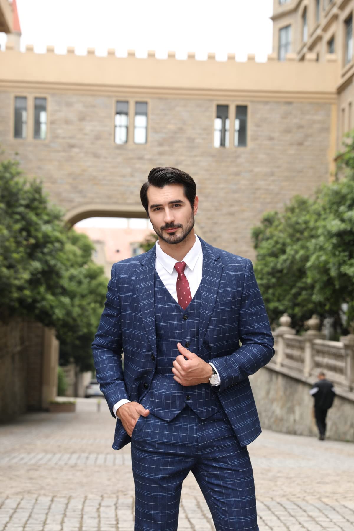 Allthemen Dres męski, garnitur w kratkę, slim fit, 3-częściowy, marynarka, biznesowa, na wesele