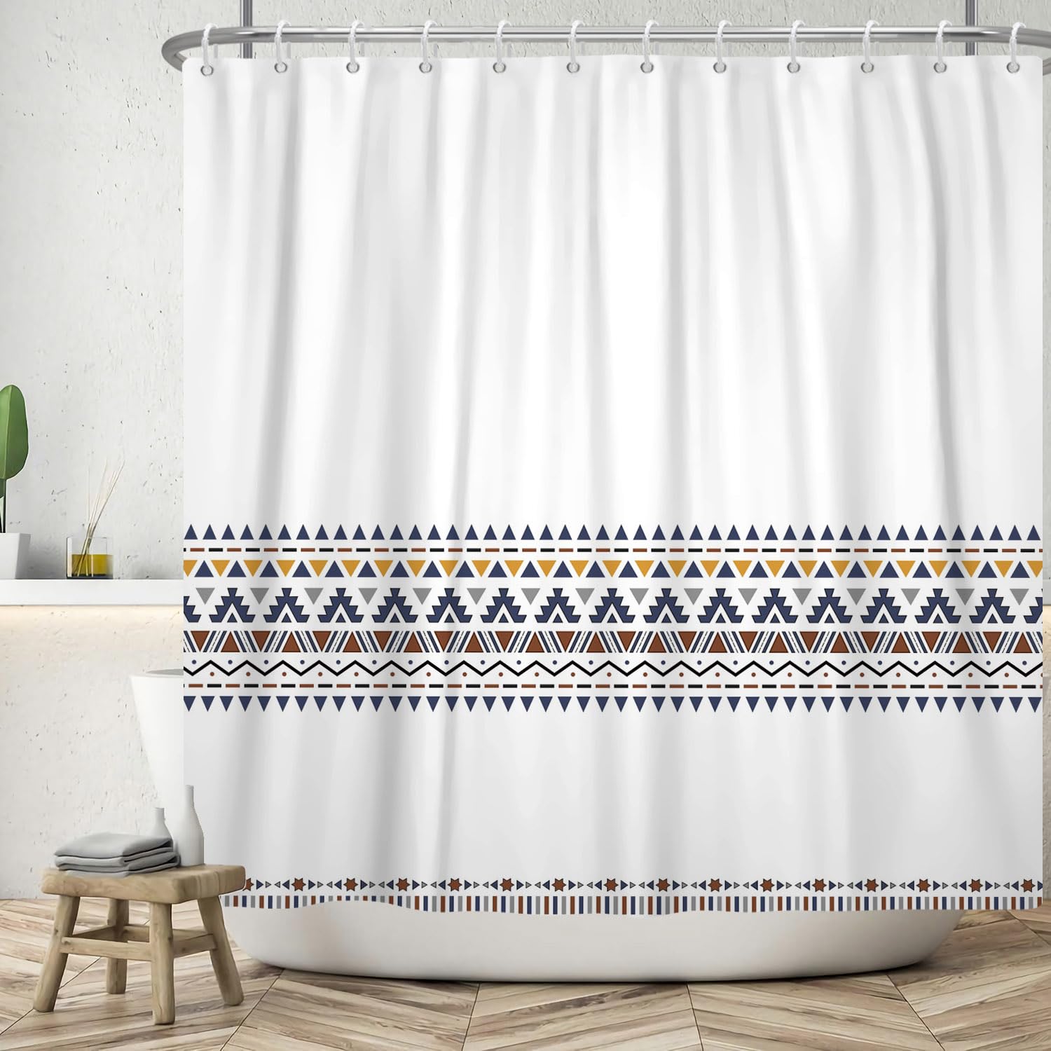 ASDCXZ Cortina de Ducha Bohemia 180x200 cm, Moderna Boho Azul Marino Amarillo Marrón Patrón Geométrico de Reglas Cortinas de Ducha Lavables Baño Tela de Cortina Ducha Impermeable con 12 Ganchos
