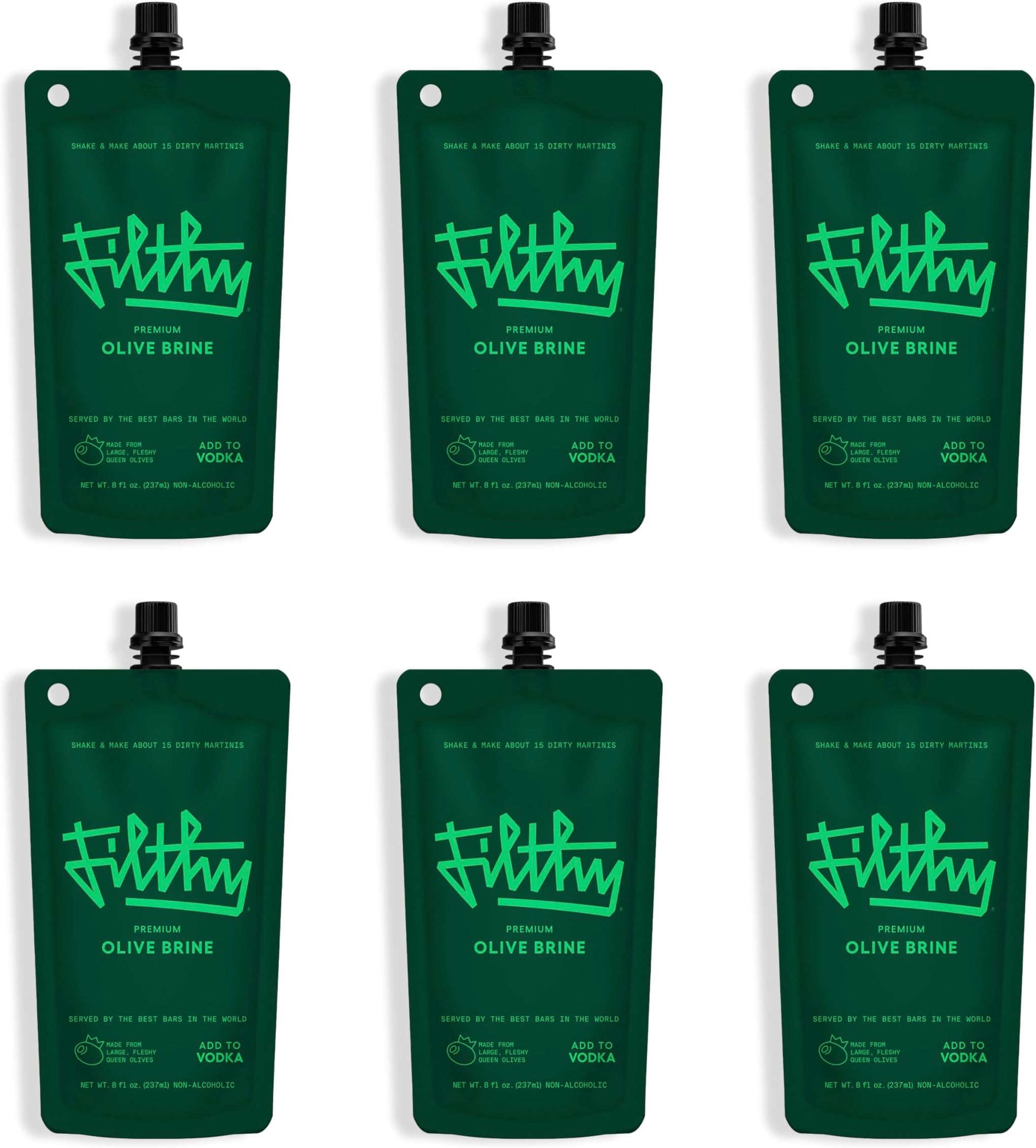 Filthy Olive Brine, Premium Cocktail Mixer, Filtered for Dirty Martinis, Olive Juice for Cocktails, Made from Naturally Cured Olives, Non-GMO, Gluten Free, 8 Oz Pouch, 6 Pack