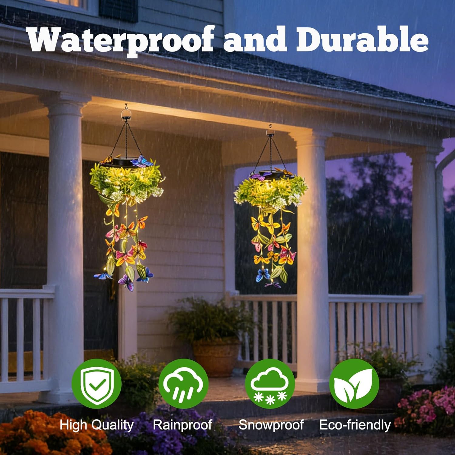 AVEKI Solar Hanging Garden Lights, Gifts for Mom, 2 Pack Waterproof Solar Lights Outdoor Decor with Artificial Butterfly & Flower, Outdoor Garden Decor for Patio Yard Porch Fence Pathway (Butterfly)
