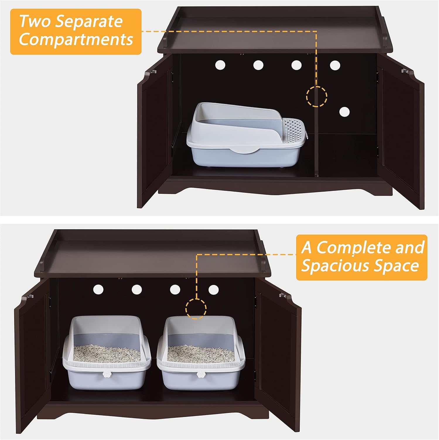 Topeakmart Wooden Cat Litter Box Enclosure, Hidden Cat Washroom Furniture Decorative Litter Box Kitty Play House, Storage Bench Pet Side Table Indoor House w/Removable Divider