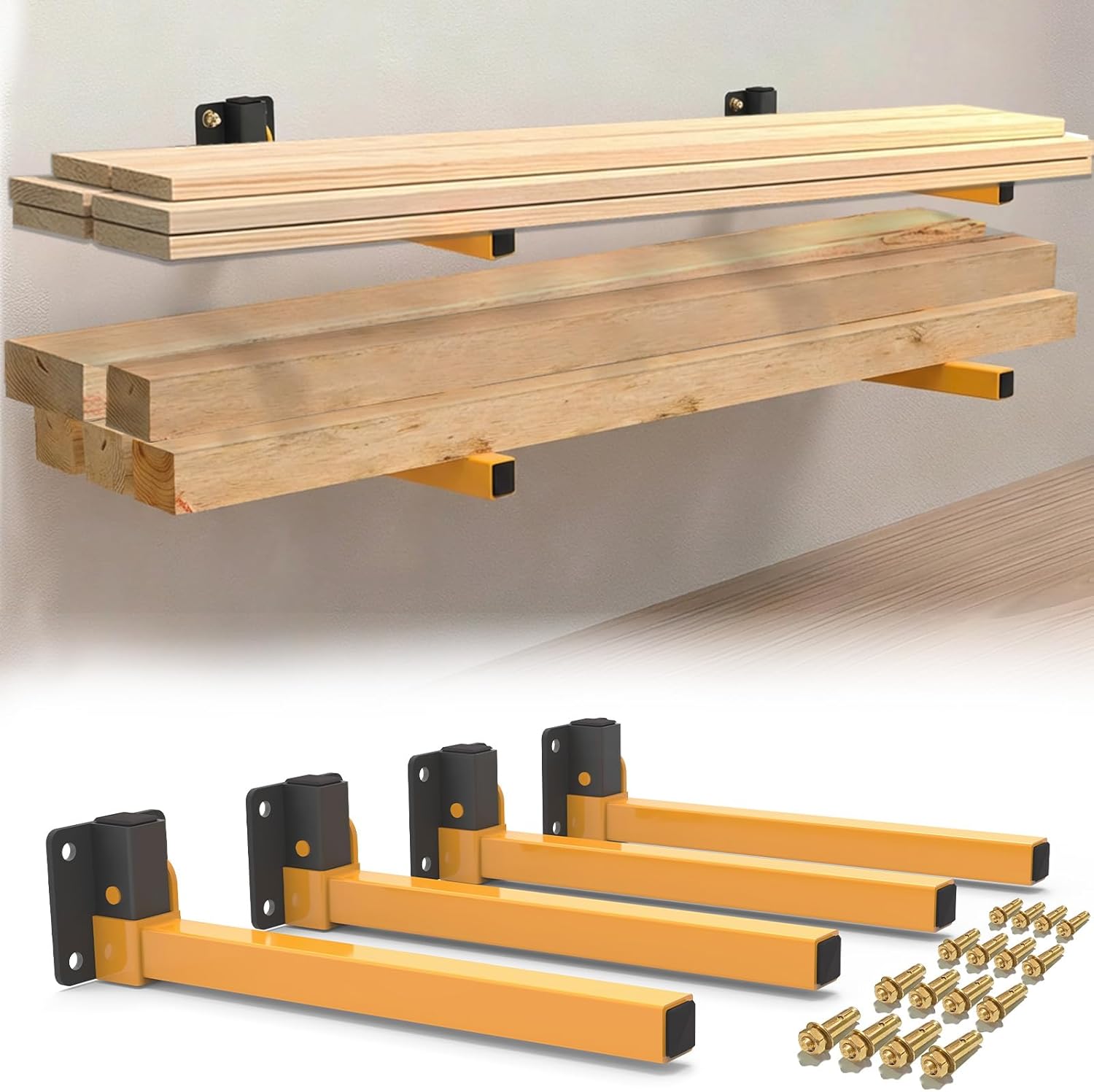 Lumber Storage Rack, Heavy Duty Wall Mount Wood Organizer Separate & Adjustable & Space-saving Wall Mount for Garage Shop, Indoor & Outdoor Use (Orange 4 PACK)