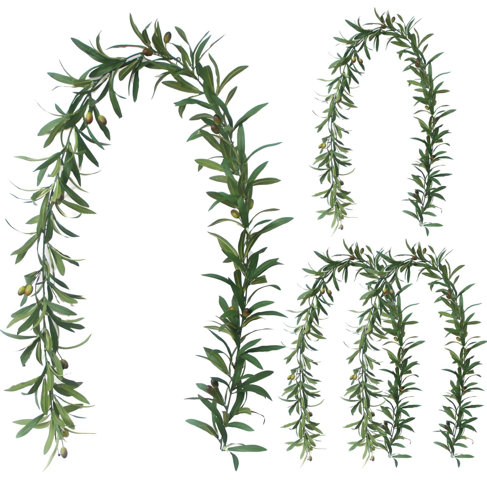 Olivenzweig-Girlande, künstliche Ranken für die Innendeko, realistische Grün-Girlande mit 288 Blättern und 20 Früchten, Girlanden zur Weihnachtsdeko, 4 ft, 4er Set