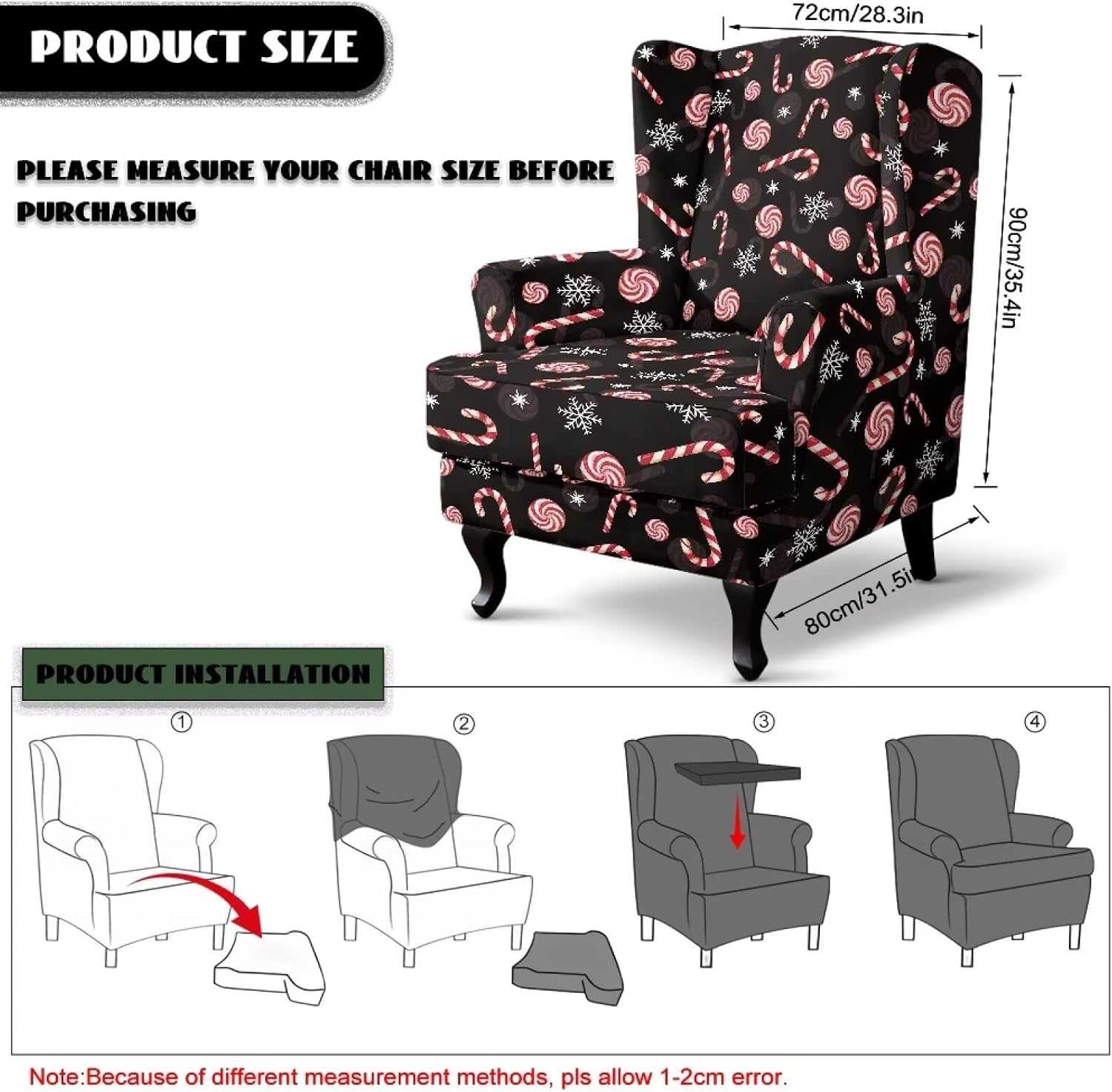 Christmas Candy Snowflake Print Stretch Wing Back Chair Slipcover 2 Pcs Set Wingback Chair Sofa Cover with Elastic Bottom Spandex Fabric Furniture Protector Cover