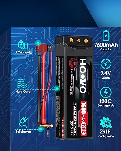 Miniatura 2 de HOOVO Batería Lipo 7600mAh 2S 7.4V 120C RC Estuche rígido de 0.157 in Bullet con enchufe T para RC Drag Car RC Truck Boat DJI Heli Airplane RC