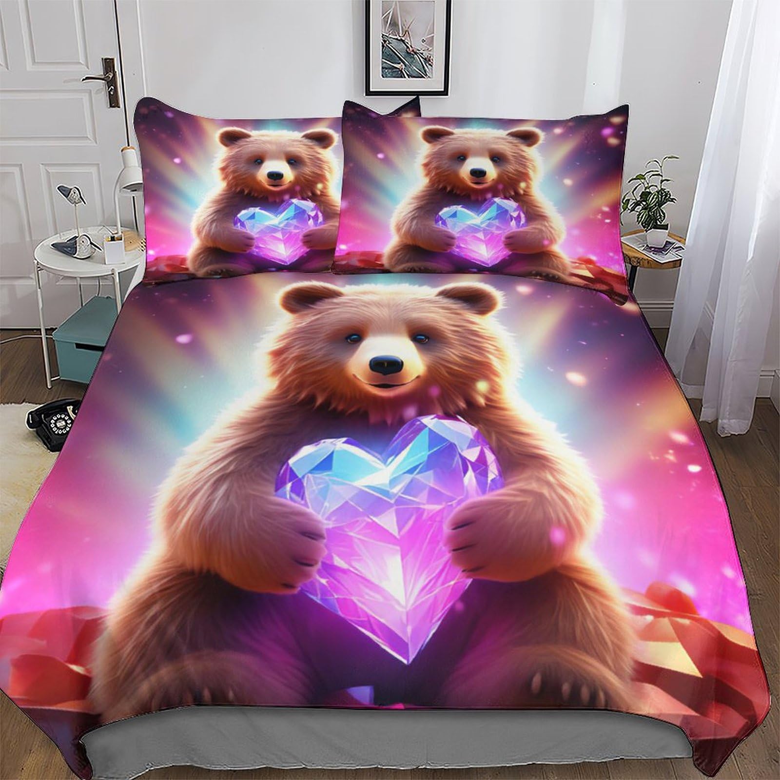 Housse de couette ours 200x200cm en microfibre hypoallergénique avec 2 taies d'oreiller pour lit double