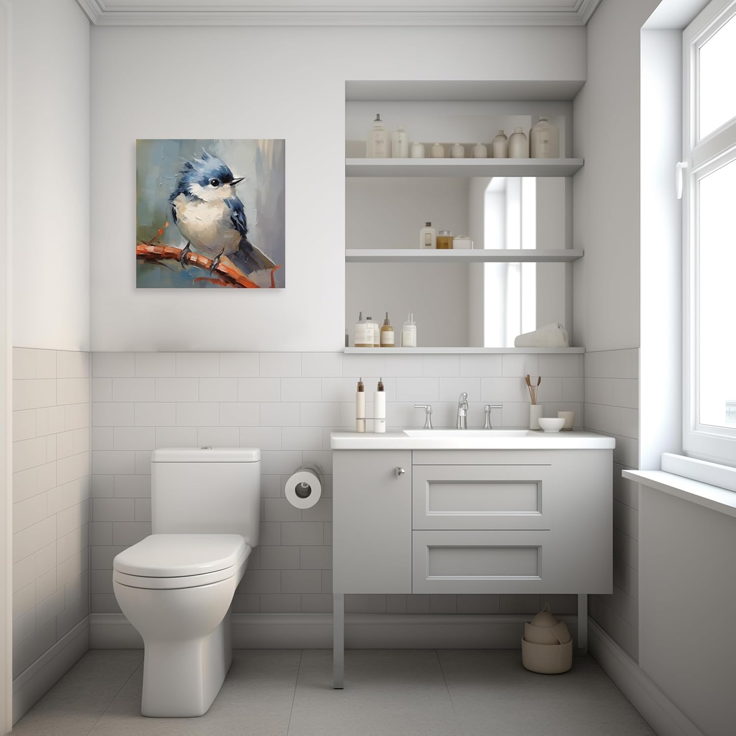 ARTZGX Birds Canvas Wall Art Blue White Bird Pictures Sparrow on Tree Branch Painting Animal Artwork for Bathroom Decor Frame(Blue 20.00" x 20.00")