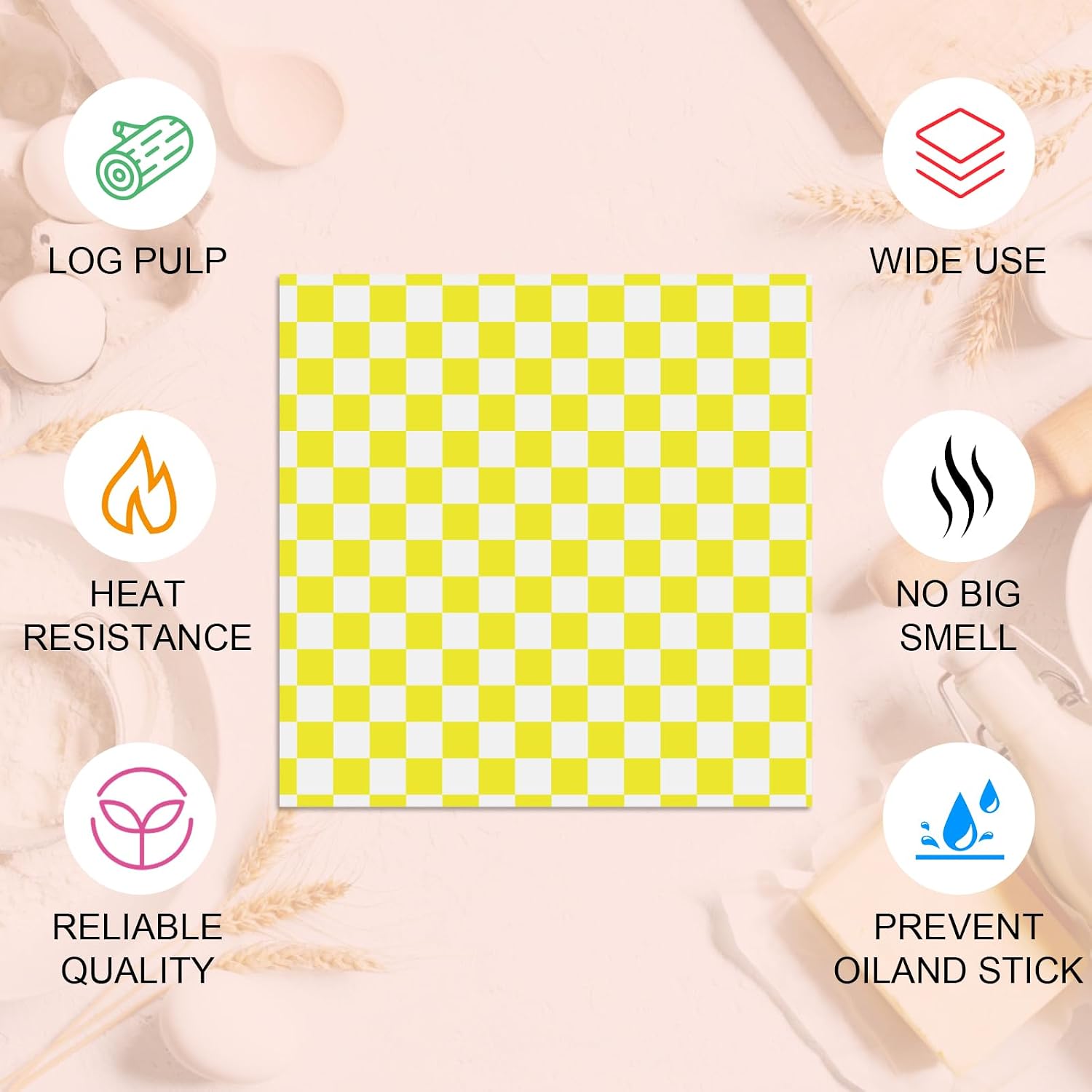 Ninsula Food Basket Liners 210P, 7x7 In Checkered Food Paper Sheets, 6 Colors Basket Liners for Food Serving, Wax Deli Paper Sheets for Food, Sandwich, BBQ, Picnic, Party