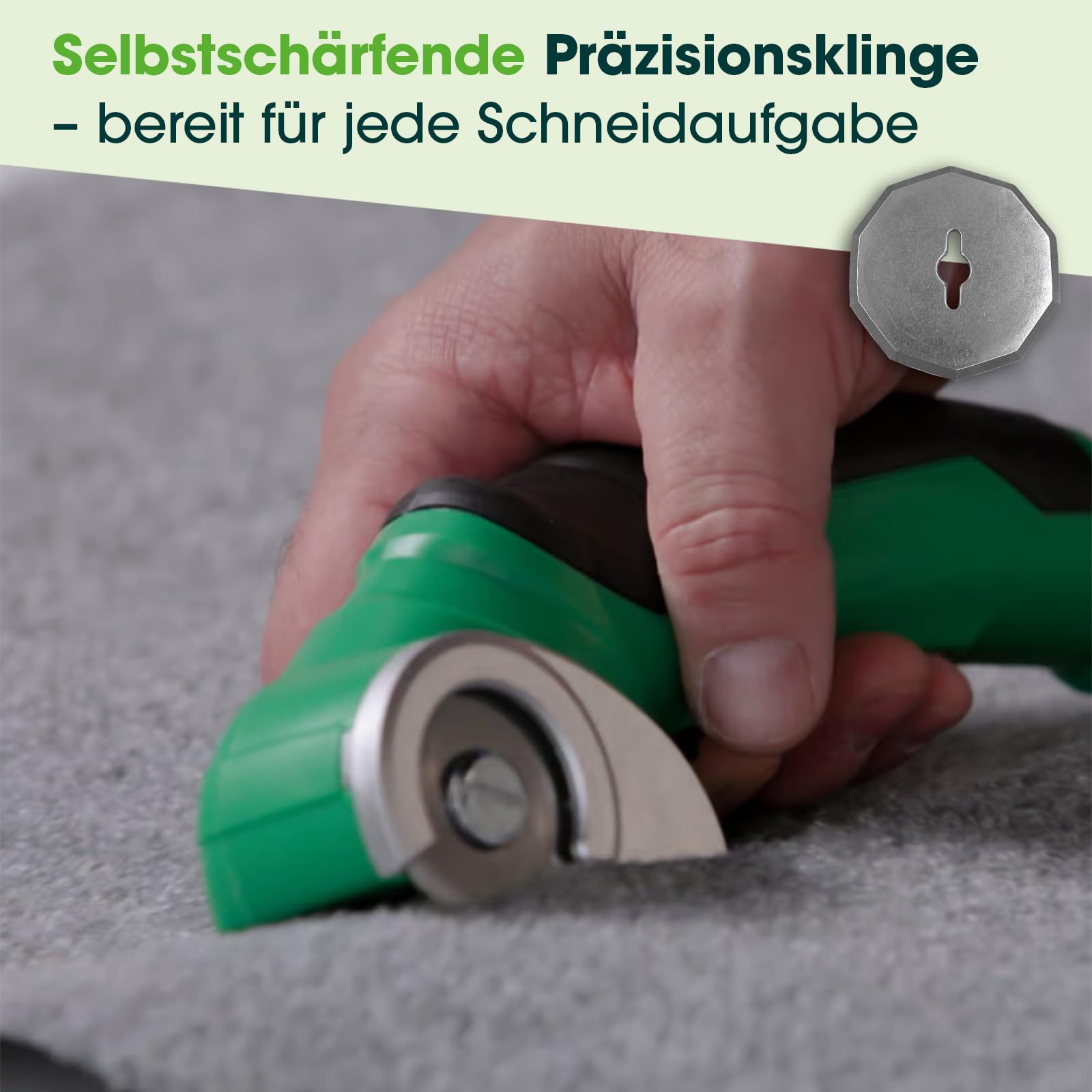 Hammersmith SharpSpin - Elektrische Schere kabellos - Kartonschneider, Akku Schere für Karton, Stoff, Leder, Teppich, PVC & Kunststoff - selbstschärfende Klinge - präzise Schneiden ohne Kraftaufwand