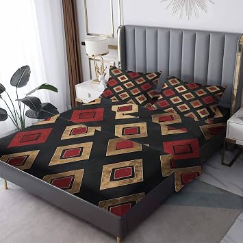 Geometric Diamond Sheets Twin Sheet Set, Rustic Tribal Vintage Bed Sheets, Black Red and Gold Bedding Bedroom Decor, Soft Microfiber Deep Pocket Fitted Sheet & Flat Sheet & 1 Pillowcase