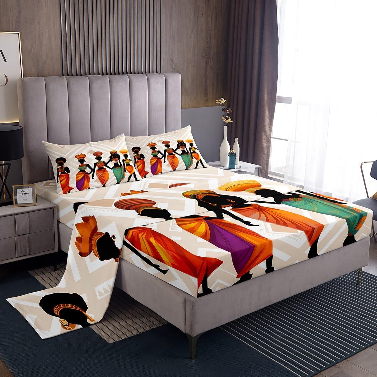 Feelyou African Woman Themed Bed Sheets Set African Pattern Sheet Set for Adults Ethnic Afro Decor Sheets with Deep Pocket Fitted Sheet Ultra Soft Traditional Exotic Style Decor Bedding Set Full Size