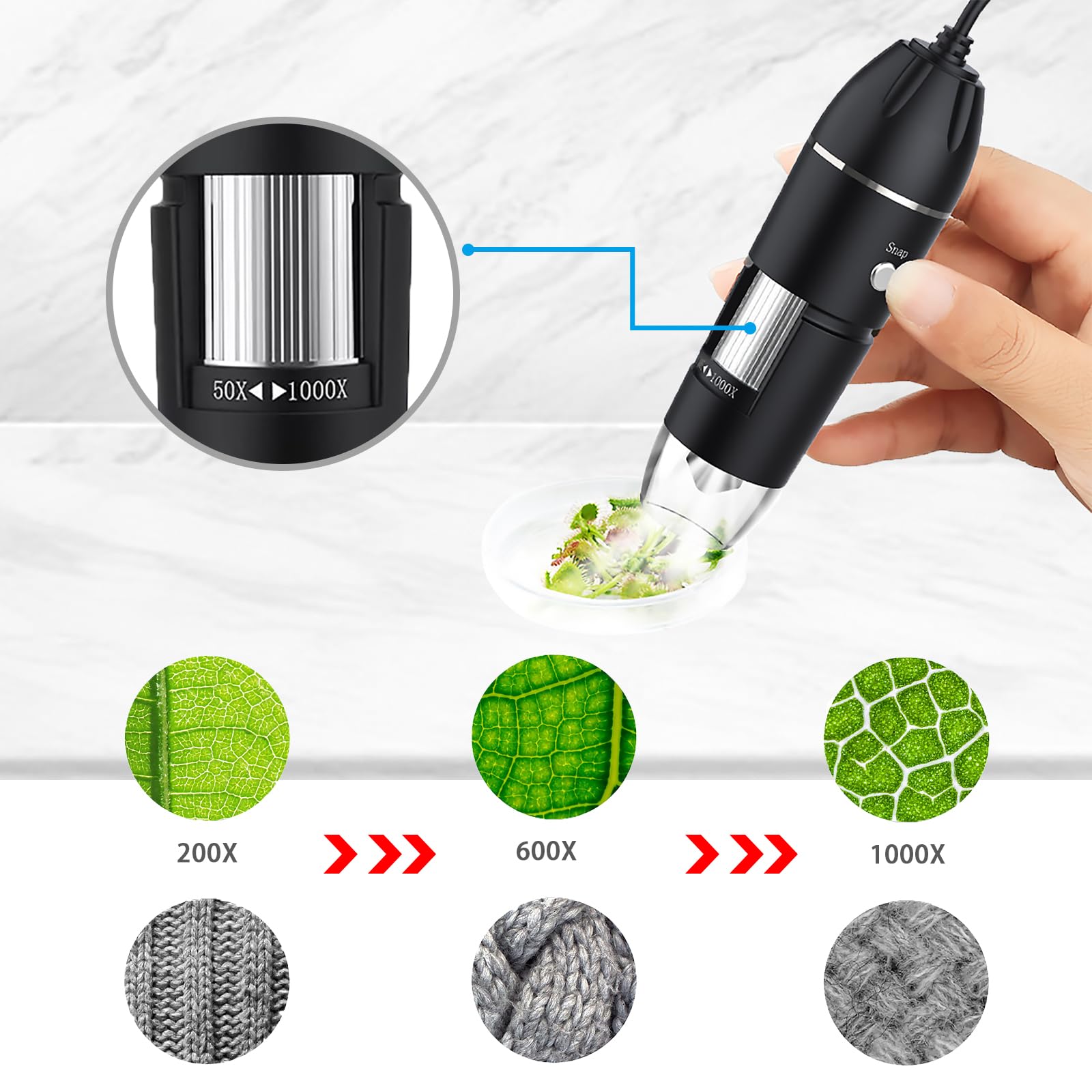 Microscopio Digital USB 1000X con LED Ajustable, Soporte Flexible y Cámara HD - Microscopio Portátil Profesional para Teléfono Móvil/PC, Niños, Industria, Laboratorio, Dermatoscopio