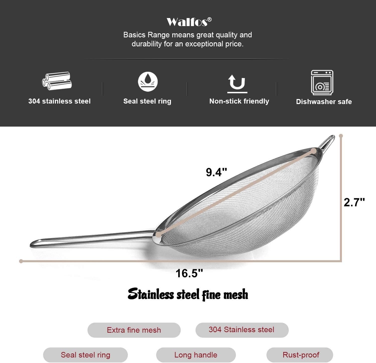 Walfos Fine Mesh Strainers, Premium Stainless Steel Colanders and Sifters, with Reinforced Frame and Sturdy Handle - Image 4