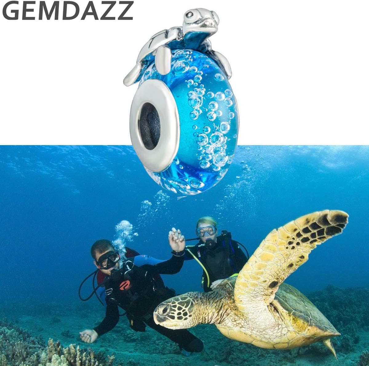 Sea Turtle on Blue Bubble Murano Glass Charms, Fit Pandora Ocean Bracelets | 925 Sterling Silver Tropical Marine Life Beads, Gift for Hawaii Vacation, Summer Travel on Holiday or Mothers Day