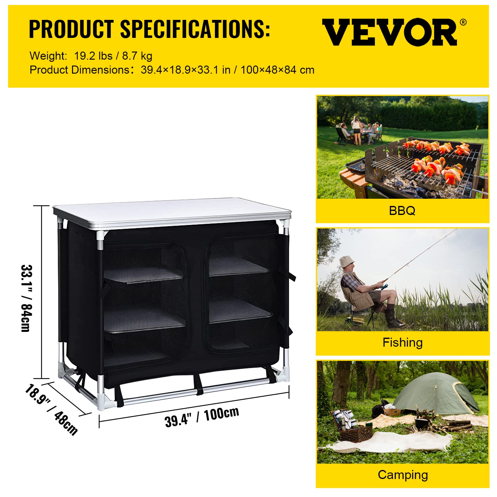 VEVOR Aluminum Portable Folding Cook Station with Storage Organizer & Carrying Bag Quick Installation for Outdoor BBQ Party Backyards and Tailgating, Black